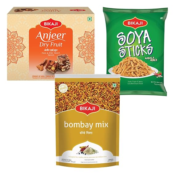 Bikaji Bombay Mix 1Kg, Anjeer Dry Fruit Burfee & Soya Sticks Masala Munch Combo | Premium Indian Snack & Sweet| Authentic Indian Snack