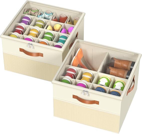 Shoe Organizer for Closet,2 Pack Foldable Shoe Storage Organizer Box Bin with Adjustable Dividers and Clear Cover, Fits up to 16-32 Pairs(Beige)