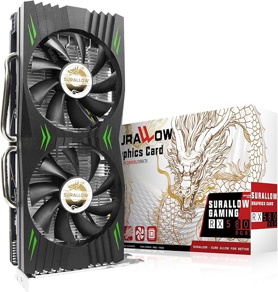 SURALLOW RX 580 Graphics Card 8GB 2048SP, GDDR5, 256 Bit, Pc Gaming Video Card, 3*DP, HDMI, PCI Express 3.0 with Freeze Fan Stop for Desktop Computer GPU for Gaming PC