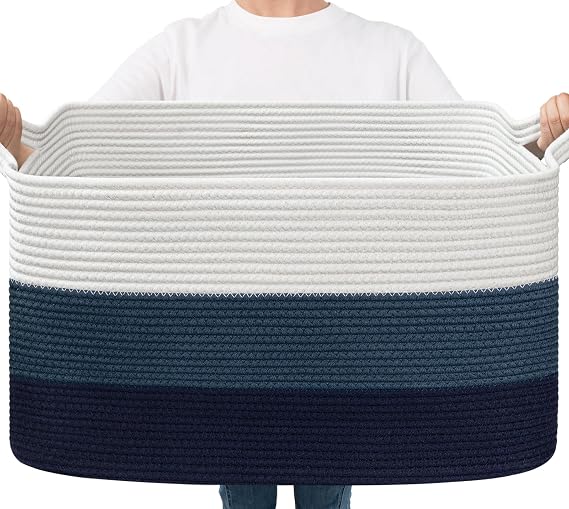 Goodpick Large Woven Rope Blanket Basket, Rectangle, Light Blue | 21.6'' x 14.9'' x 11.8'' Storage Basket for Toys, Books & Blankets, Bedroom & Nursery Organization, Reinforced Handles