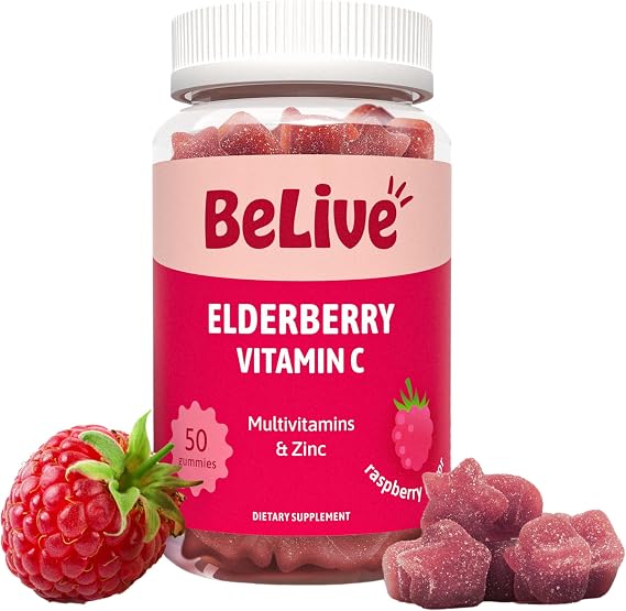 BeLive Elderberry Gummies with Vitamin C, D3 and Zinc - Multivitamin Supplement for Immune Health Support for Kids & Adults - 50 Count - Raspberry Flavor