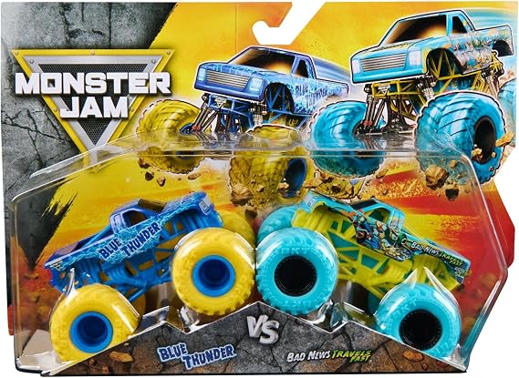 Monster Jam Official 1:64 Scale Diecast Truck 2-Pack Series 33 Blue Thunder vs Bad News Travels Fast