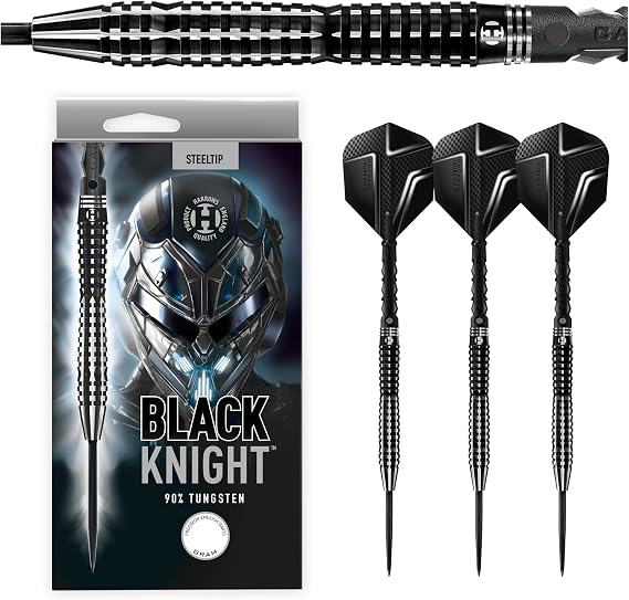 Harrows Black Knight Darts, 90% Tungsten Steel Tip Darts Set, Includes Carbon ST Shafts & Prime Black Knight Flights - 23g