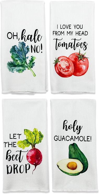 Funny Foodie Kitchen Towels, Set of 4 Vegetables Dish Towels for Washing Drying Dishes, Decorative Hand Tea Towels for Birthday Housewarming Hostess Wedding Shower Christmas Gifts-A56