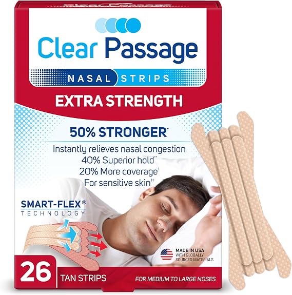 Clear Passage Nasal Strips Extra Strength, Tan, 26 Count | Works Instantly to Improve Sleep, Reduce Snoring, Relieve Nasal Congestion Due to Colds & Allergies