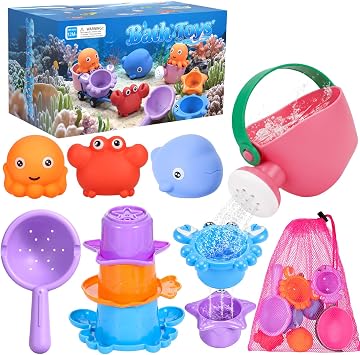 9 PCS Baby Bath Toys for Kids Ages 1-3 Mold Free Toddler Bath Toys for 2-4 with 3 No Hole Ocean Sea Animals and Storage Bag, Bathtub Beach Sand Water Table Toys for 1 2 3 Years Old Girls Boys Gifts