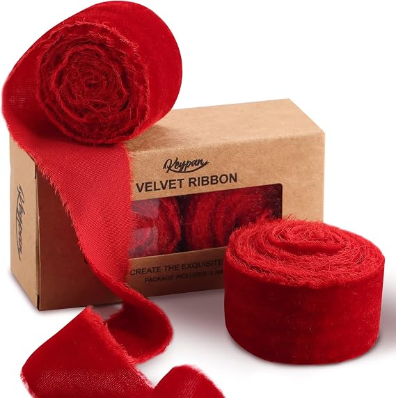 Keypan Red Velvet Ribbon for Christmas with Fringe, 2 Rolls 1.5 in x 2 yd | Ideal for Trees, Wreaths, Gift Wrapping, Bouquets, Garlands, Mantels, And Crafts; 4 Yards Total