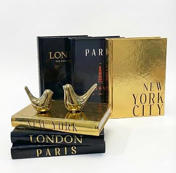 Decorative Books for Home Decor & Coffee Table Book Decor - Set of 3 Real Hardcover Decorative Books (Paris, London, New York) with Gold Ceramic Birds - Modern Shelf Decoration