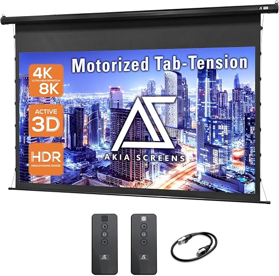 Akia Screens 120 Inch Motorized Tab Tension Projector Screen, 16:9 Retractable Projection Screen, UST, Short & Standard Throw Compatible, 4K Indoor Home Theater Screen, Black Case, AK-ELT120H.