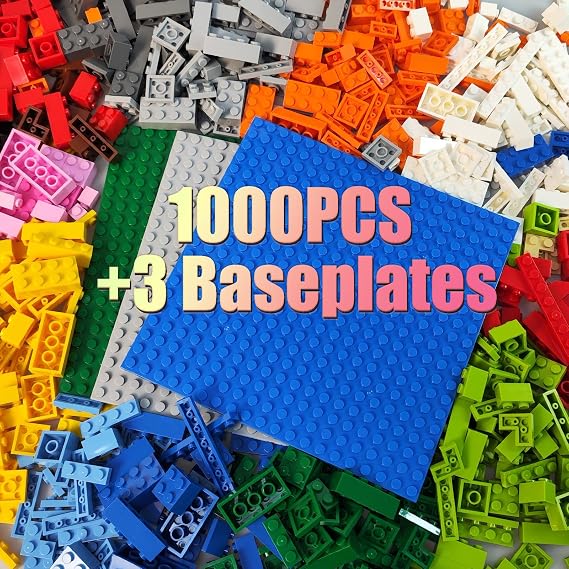 1000-Piece Building Brick Set with 3 Stackable Baseplates, 6.3 x 6.3 Inch