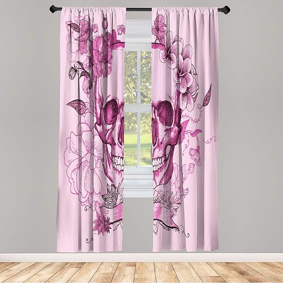 Ambesonne Grunge Window Curtains, Skull and Flowers Day of The Dead Mexican Traditional Celebration Symbolic Art, Lightweight Decorative Panels Set of 2 and Rod Pocket, Pair of - 28" x 84", Baby Pink