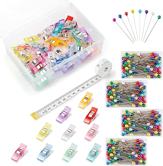 50Pcs Sewing Clips & 400PCS Sewing Pins with Box, Assorted Colors Quilting Clips Fabric Clips for Sewing Quilting Supplies Crafting Tools, Straight Pins with Colored Pearlized Ball Heads Long 1.6inch