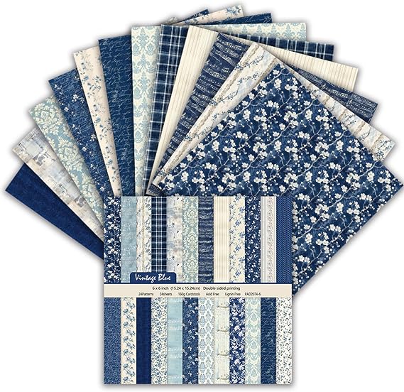 Scrapbook Paper 6x6 160gsm Double-Sided Decorative Papers for Scrapbooking, Junk Journaling, and Card Making, Ideal Scrapbook Supplies and Paper Craft Supplies 24 Sheets (Vintage Blue, 15x15cm)
