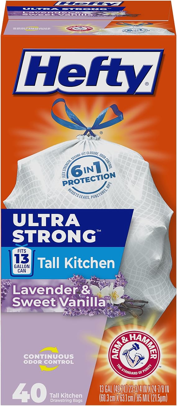 Hefty Ultra Strong Tall Kitchen Trash Bags, Lavender & Sweet Vanilla Scent, 13 Gallon, 40 Count | 13G Tall White Trash Bags with Drawstrings for Kitchen and Home Use, Resists Leaks, Punctures, Rips, Continuous Odor Control