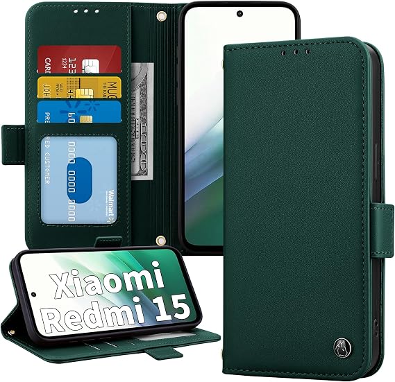 Mobile Phone Case for Xiaomi Redmi 15 4G/5G 6.9 Inch Case - PU Leather Flip Wallet Case Cover Protective Case with Stand Function RFID Protection & 3 Card Slots - Green
