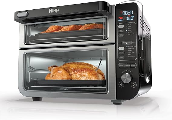 Ninja DCT451 12-in-1 Smart Double Oven with FlexDoor, Thermometer, FlavorSeal, Smart Finish, Rapid Top Convection and Air Fry Bottom , Stainless Steel | Smart Cook thermometer, FlavorSeal, Smart Finish, Air fry, bake, broil, roast, pizza