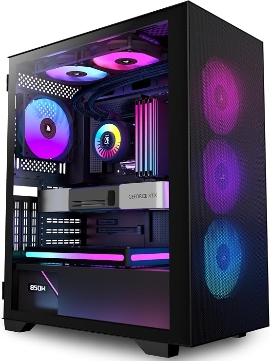 PC CASE ATX 6 PWM ARGB Case Fans Pre-Installed, Mid Tower Computer Case with Tempered Glass,High Airflow Mesh Front,Support 360mm Radiator,Black Gaming Desktop Case