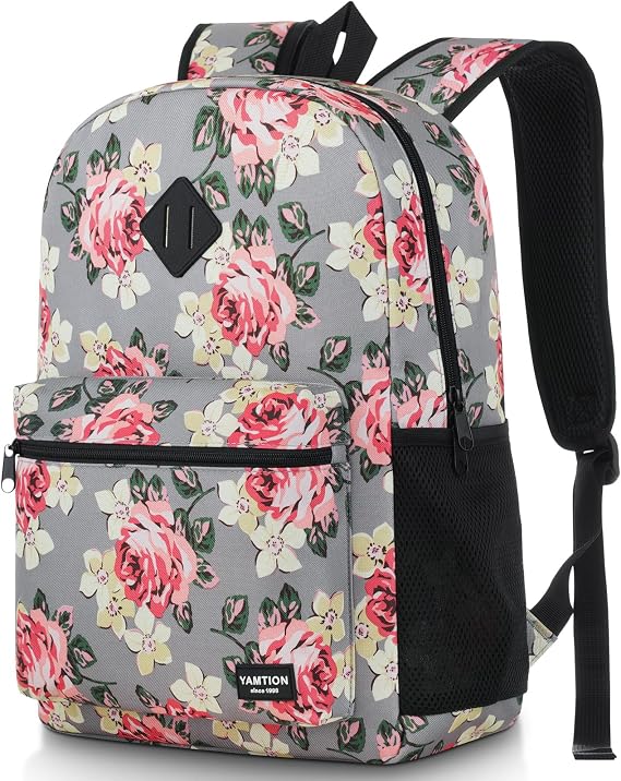 School Backpack Women and Teen Girl,Classic Bookbag Schoolbag with USB Port for High School College Office Work Travel 15.6 inch Gray Flower