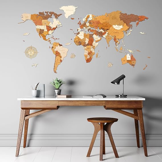 Wooden World Map Wall Decoration - Multilayered, Multicolor Stained Wood, Engraved Names - unique 3D design - for kitchen, office, bedroom (L120 - Traveler - 47x24in - 120x60cm)