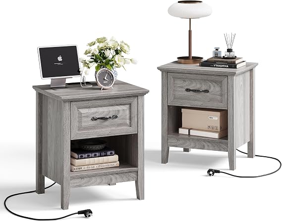 LINSY Night Stand Set of 2 18.9" Farmhouse Wood Night Stand with Type-C Charging Station Open Storage Shelf Nightstands with Drawer Side Table End Table for Bedroom Living Room Sofa Couch Office Grey