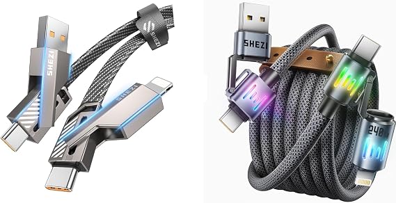 SHEZI 2 Pack Cable Bundle, 4 in 1 60W USBA/USB C to USB C/Light-ning Cable(Grey) with 4 in 1 USB C Cable Light-ning Cable 240W 5FT(Grey) Bundle