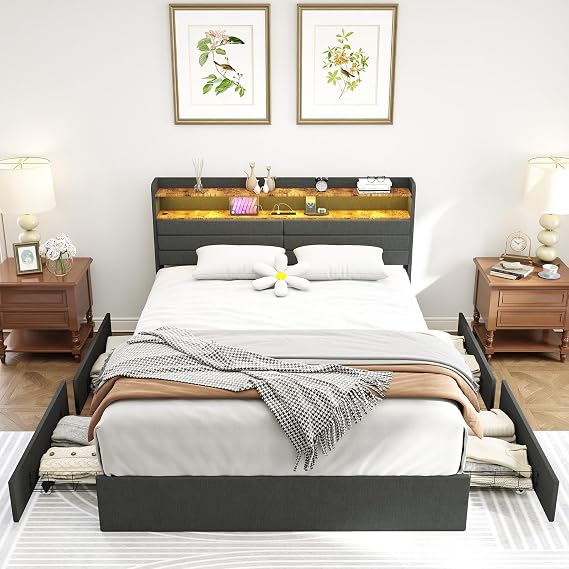 Kiivakii Full Size Bed Frame with 4 Drawers, Heavy Duty Metal Full Bed Frame with LED Lights, Charging Station, Upholstered Headboard, 800LBS Weight Capacity, Noise Free, Gray