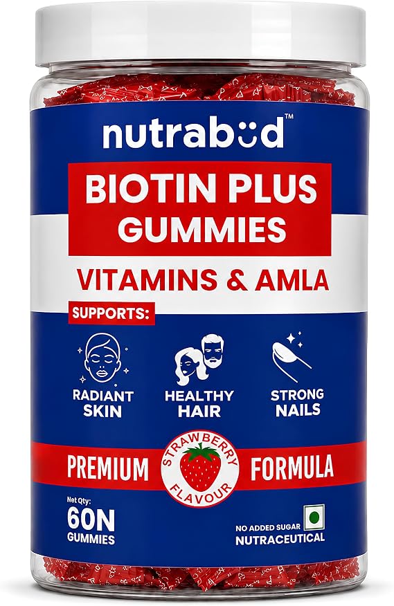 Biotin Hair Gummies For Women, Men | No Added Sugar | For Healthy Hair Growth, Skin Glow & Strong Nails | Strawberry Flavor Veg Gummy Bear Supplement - 60 Count (Pack of 1)