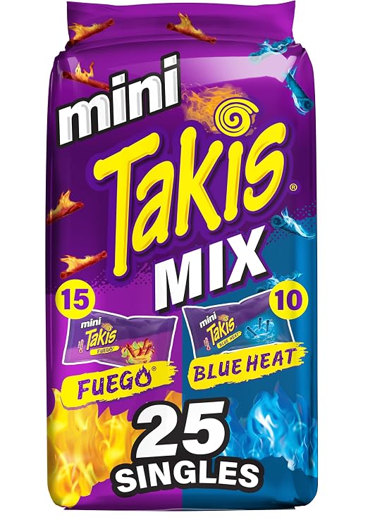 Takis Mini Rolled Tortilla Chips Multipack - Assorted Variety, 25 Count | (15) Fuego and (10) Blue Heat, Bite Size, 1.23oz Individual Bags for Snacking and Lunchboxes