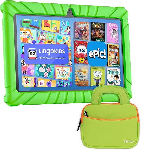 Contixo 7 inch Kids Tablet - V8 Tablet for Kids and Sleeve Bag Bundle, Age 3-7, Learning Tablet for Children with Teacher's Approved Apps, 32GB, Android 11, Parental Controls - Green (Boys & Grils)