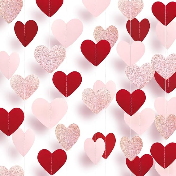 Rose-Gold Pink Burgundy-Red Party Decorations 4 Pack 52 Feet Valentines Day Heart Garland Heart Paper Streamers Banner for Mothers Day Wedding Engagement Party Supplies