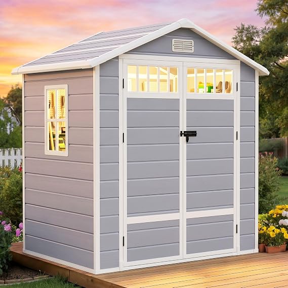 DWVO 6x4.4 FT Resin Storage Shed with Fence-Style and Side Windows, Lockable Door, and Vents for Garden, Backyard, Patio, Lawn, Gray