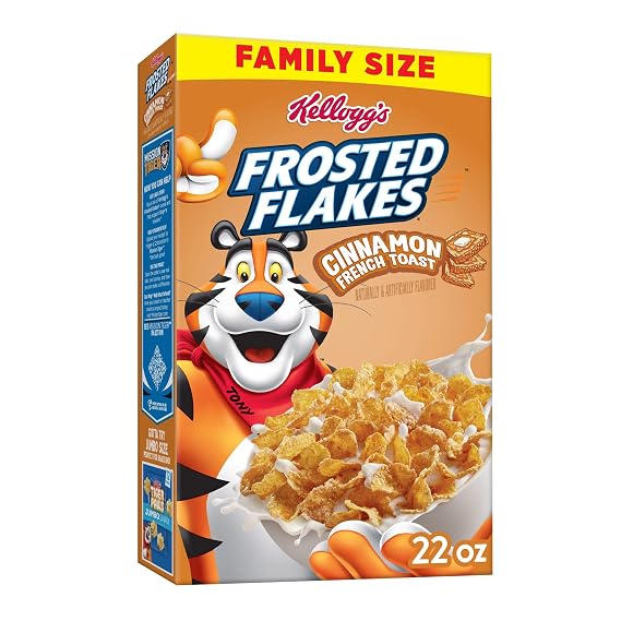 Frosted Flakes Breakfast Cereal, 8 Vitamins and Minerals, Kids Snacks, Family Size, Cinnamon French Toast, 22oz Box (1 Box)