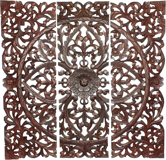 Benjara Three Piece Wooden Wall Panel Set with Traditional Scrollwork and Floral Details, Brown, Dark