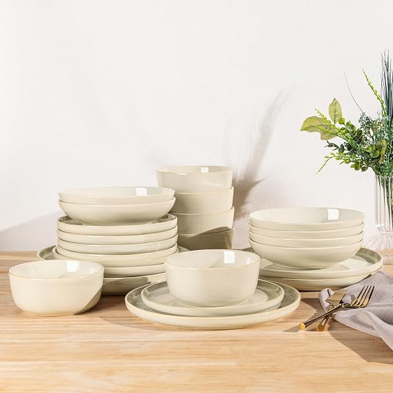 GBHOME Dinner Set for 6, 24 Piece Stoneware Set - Round Reactive Glaze Plates & Bowls, Highly Chip and Crack Resistant | Dishwasher and Microwave Safe Crockery Set