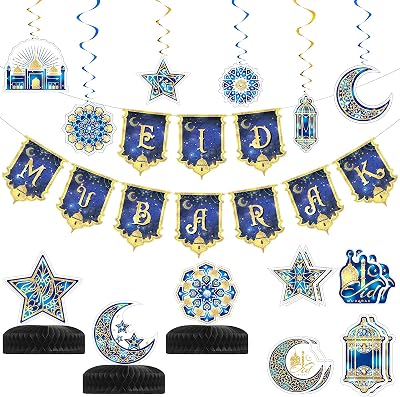 18 Pieces Eid Mubarak Decoration Set, Includes Ramadan Mubarak Banner Religious Ramadan Hanging Swirl Eid Al-Fitr Honeycomb Cutouts Cards Ramadan Design for Muslim Present Party Supplies