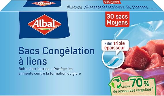 Albal - 30 Freezer Bags with Ties - Medium Model 3L - 3 Thick - Dispenser Box - Contains Recycled Resources