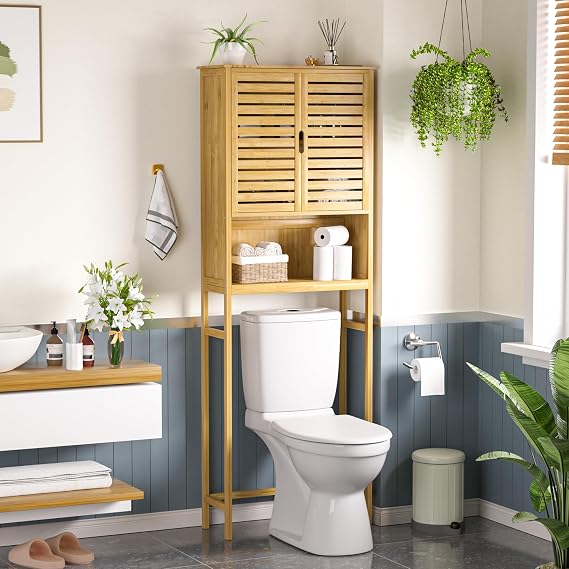 MUPATER 67" H Bathroom Over The Toilet Storage Cabinet with Doors and Shelves, Bamboo Over Toilet Organizer, Freestanding Tall Space Saver Toilet Rack, Natural Wood