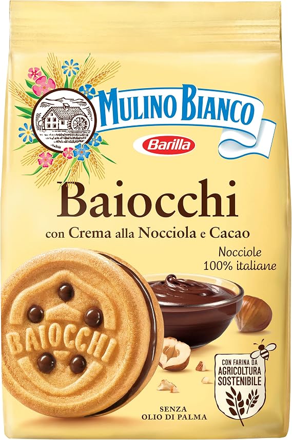 Barilla Mulino Bianco Baiocchi Biscuits, Hazelnut and chocolate filled biscuits, Pack of 10 x 260g