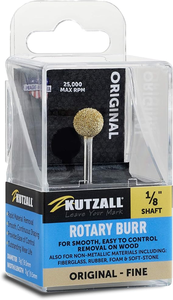 Kutzall Original Sphere Rotary Burr, 18" Shaft, Fine - Wood Carving Bit for Dremel, Foredom, DeWalt, Milwaukee Tools. Abrasive Tungsten Carbide Coating, 38" (9.5mm) Head Diameter, S-38-EG
