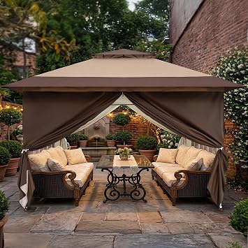 CROWN SHADES 4m x 4m Pop Up Gazebo with 4 Removable Side Panels, Double Roof Pop Up Party Canopy, Height-Adjustable Metal Frame Garden Shelter for Patio & Outdoor Events, Includes Carry Bag