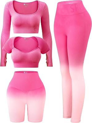 FINETOO Womens 4 Piece Workout Outfits Ribbed Seamless Long Sleeve Crop Sports Tops Tank High Waist Yoga Leggings Sets