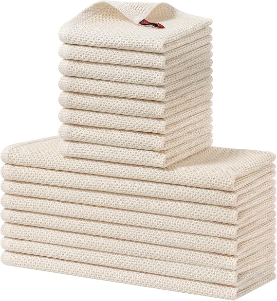 Homaxy 16 Pack 100% Cotton Kitchen Towels and Dishcloths Set, Beige | 12 x 12 Inches and 13 x 28 Inches Kitchen Towels Set, Ultra Soft Absorbent Dish Cloths for Washing Dishes