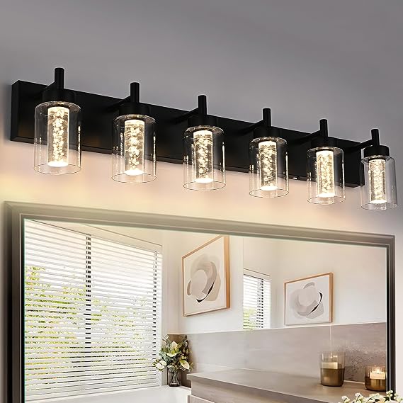 LED Bathroom Vanity Light Fixtures, 6 Light Indoor Wall Sconces Lighting with Clear Glass Shade and Crystal Bulb Black Lights for Mirror, Kitchen, Living Room, Gallery(LED Bulbs Included)