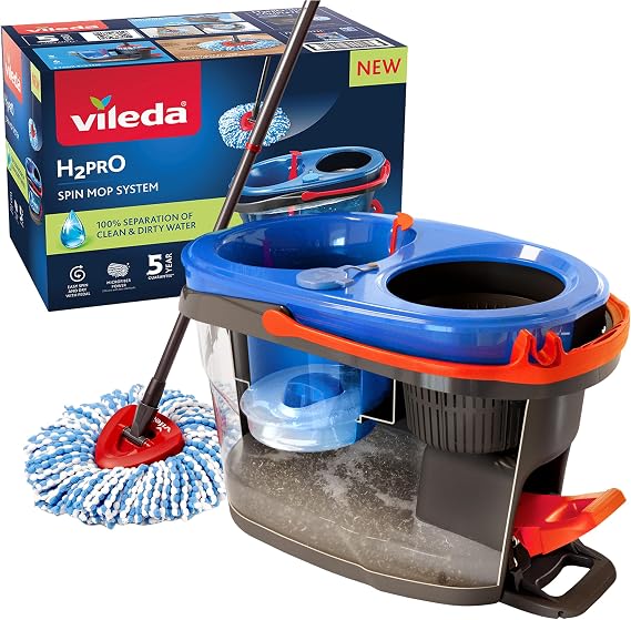 Vileda H2PrO Spin Mop System - Separates Clean and Dirty Water - Effortless Wringing - Microfibre Cleaning - Easy Assembly - Ergonomic Design