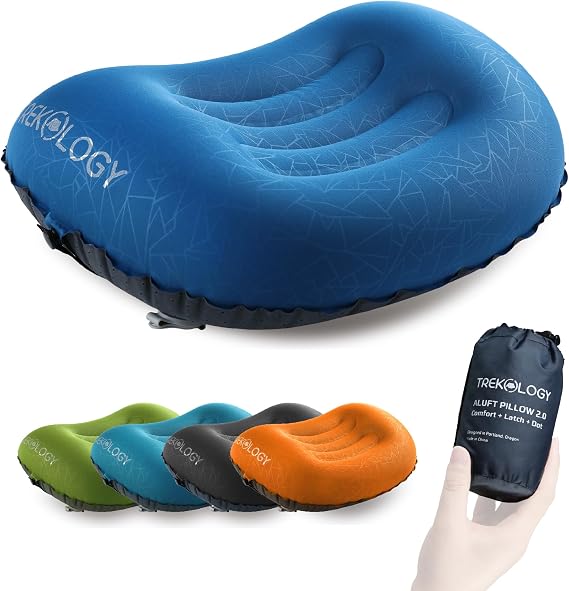 TREKOLOGY Aluft 2.0 Small Inflatable Camping Pillow for Backpacking, Travel | Ultralight, portable, compact blow up air cushion for hiking, camp, beach, sleeping, packable head rest, neck, lumbar support