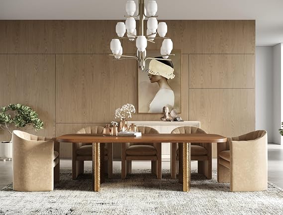 Limari Home Martibel Collection Modern Rectangular 8 Persons Dining Table with Brushed Stainless Steel Double Pedestal Base, Walnut, Gold