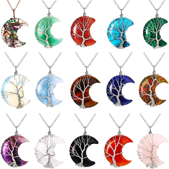 Sherr 15 Pcs Life Tree Crescent Moon Necklace Wire Wrap Natural Gemstones Pendant Healing Crystal Necklaces Reiki Spiritual Multicolored Jewelry Gift for Women