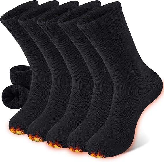 Niorasen Thermal Wool Socks for Women 5 Pairs Multipack, Ladies Warm Winter Walking Hiking Crew Socks for Boots, Thick Comfy Cushioned, Black & Multicolour, Valentines Birthday Gifts for Girlfriend