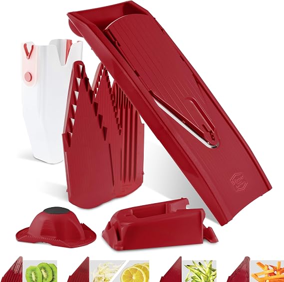 Borner Mandoline Slicer V1 (Professional Set) V-Slicer with 4 Inserts, Fruit Holder, Docking Station, Box Adjustable Vegetable Slicer Cuts into Slices, Strips & Dices Color: Red