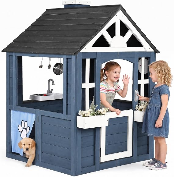 Jocoevol Kids Outdoor Playhouse, Cedar Wooden Kids Playhouse with Play Kitchen, Pet Door, Sink, Stove, Cookware, Windows, Flowerpot Holders, Ringing doorbell, Cottage Play House for Backyard